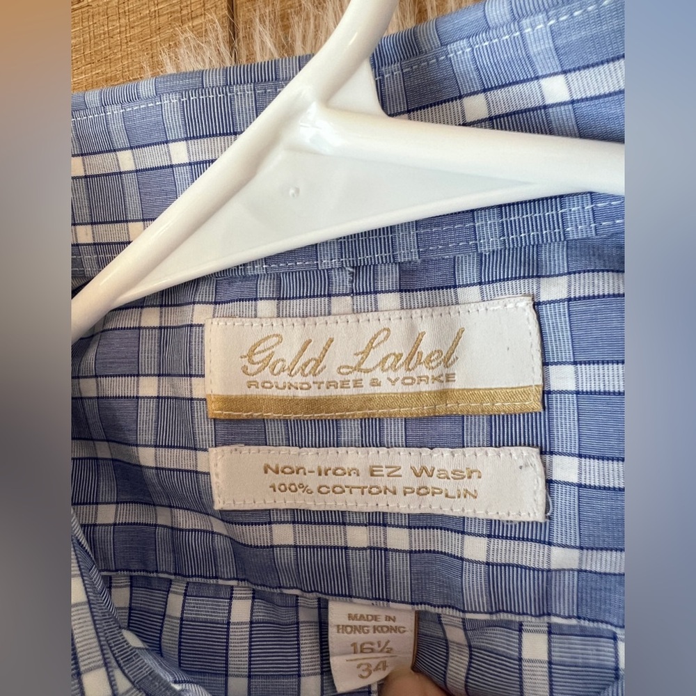 Roundtree & Yorke Gold Label Men’s Dress Shirt Blue Plaid 16.5 34 Non-Iron - Picture 3 of 3